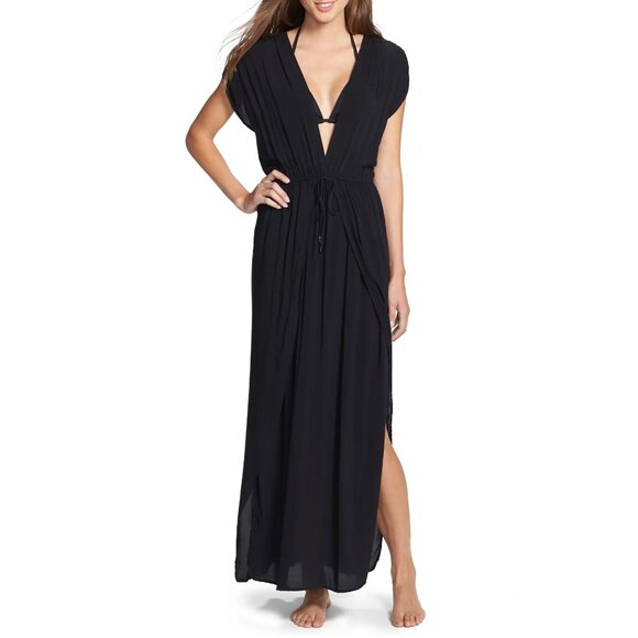 Elan Women's Deep V-Neck Cover-Up Maxi Dress Black Size Small B4HP - Picture 1 of 2